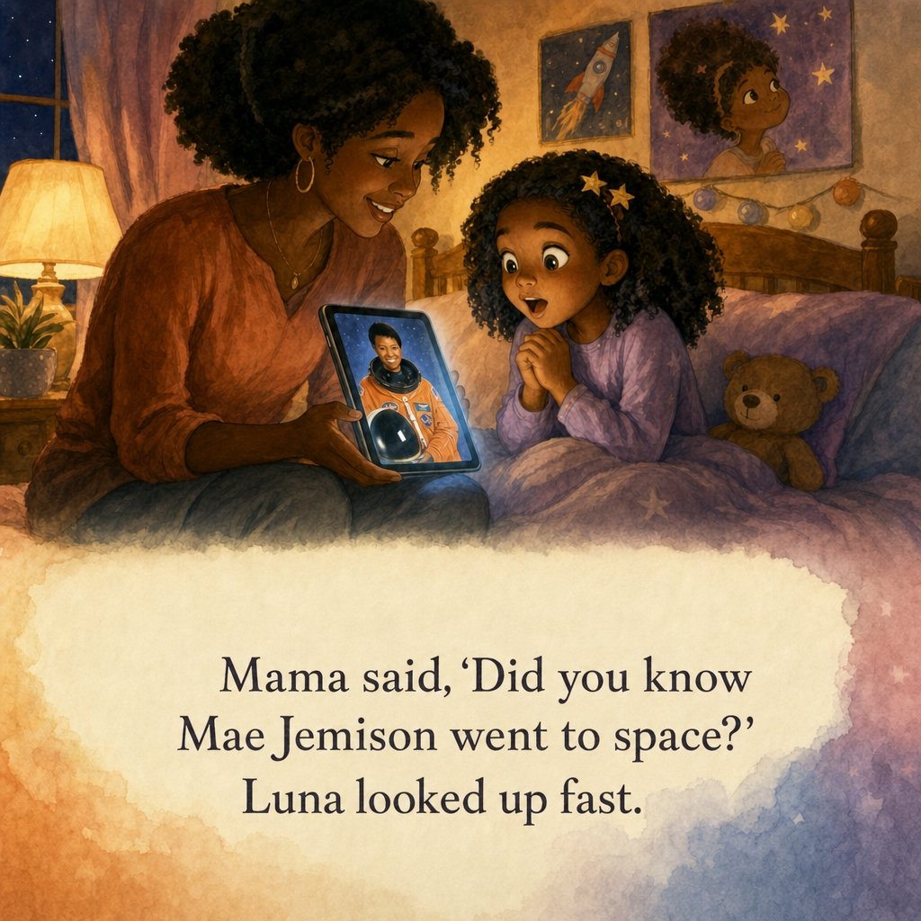Mama sitting with Luna showing her Mae Jemison on a glowing tablet, warm and loving scene