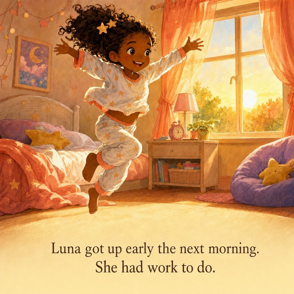 Luna jumping out of bed at dawn, star-clips back in her hair, determined and ready